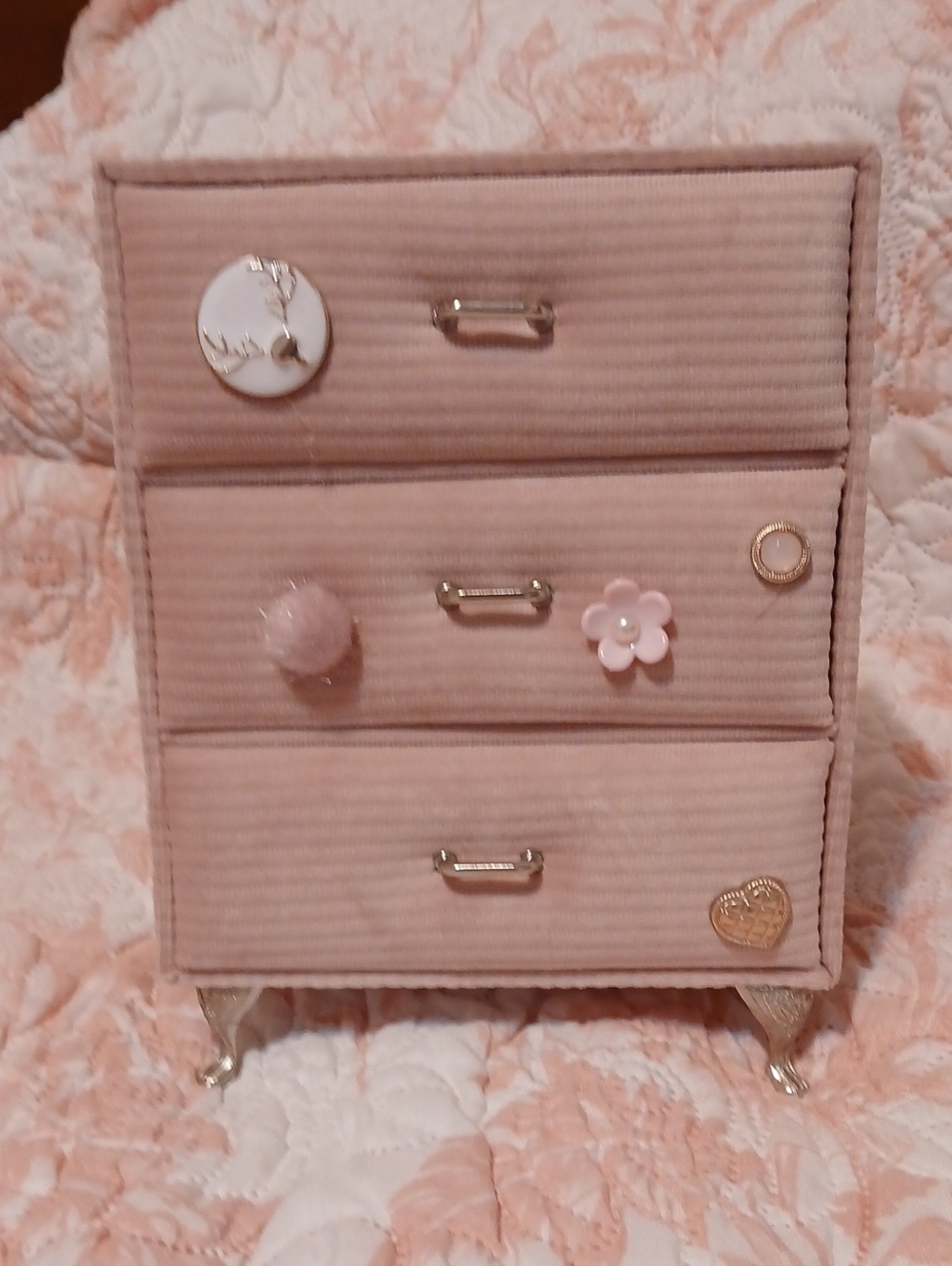 Blush Pink Velvet 3-Drawer Jewelry Chest with Decorative Knobs